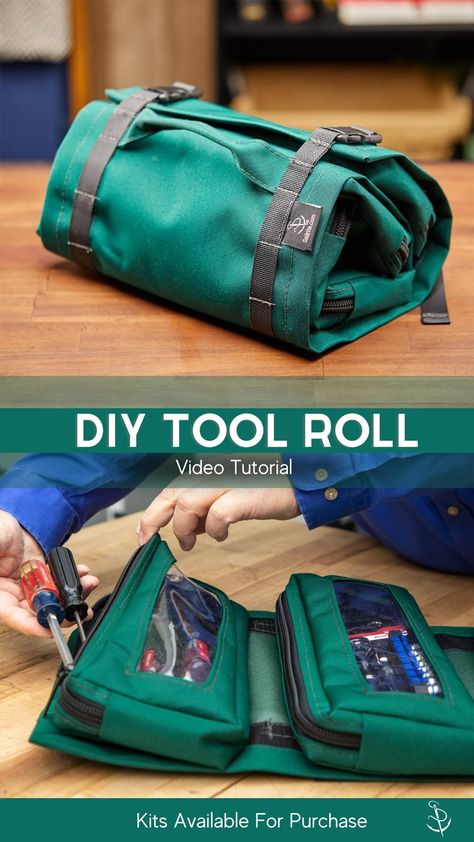 You can make your own tool roll bag with four zippered pouches following this tutorial video. Purchase the Tool Roll Bag With Zippered Pouches Kit from Sailrite® and sew it up yourself. This is not only a high-quality and versatile custom tool roll bag, but it is also a wonderful way to improve your sewing skills. Many important sewing techniques are required to create this bag, giving you the confidence to advance your skill set in both canvas and upholstery sewing projects. Shaving Bag Pattern, Tool Bag Sewing Pattern, Practical Sewing Projects, Tool Bag Pattern, Sew Zipper Pouch, Tool Bag Diy, Useful Sewing Projects, Diy Canvas Bag, Knife Roll Bag