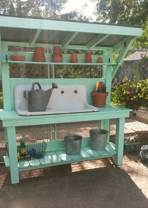 Antique Sink, Potting Bench Plans, Outdoor Sink, Outdoor Potting Bench, Potting Benches, Garden Sink, Fence Pickets, Potting Tables, Potting Table