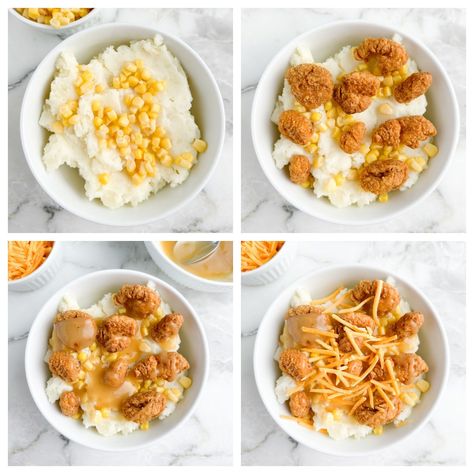 These easy copycat KFC Famous Bowls use just a few simple ingredients. Mashed potatoes are topped with popcorn chicken, corn, cheese, and gravy. A hearty meal. Popcorn Chicken Bowls, Popcorn Chicken Recipe Meals, Popcorn Chicken Bowl, Famous Bowl Recipe, Kfc Famous Bowl Recipe, Kfc Bowls, Famous Bowl, Kfc Famous Bowl, School Cafeteria Food