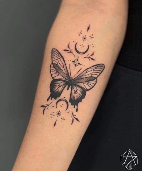 Butterfly Tattoo Arm Sleeve For Women, Tattoo Ideas Female Medium, Butterfly Tattoo Moon, Celestial Butterfly Tattoo, Butterfly Tattoo Women, Uncommon Tattoos For Women, Angel Butterfly Tattoo, Ornamental Butterfly Tattoo, Quick Tattoos Ideas