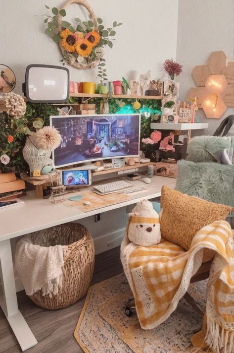 Charming pastel hues, cozy textiles, whimsical decor, fairy lights, and soft rugs create an inviting, cute room perfect for relaxation. #HomeDecor #InteriorDesign #CuteRoomIdeas #DIYDecor Whimsical Desk Decor, Whimsical Craft Room, Cozy Computer Setup, Cozy Hobby Room, Cute Rooms, Gaming Aesthetic, Cozy Textiles, Gamer Desk, Soft Rugs