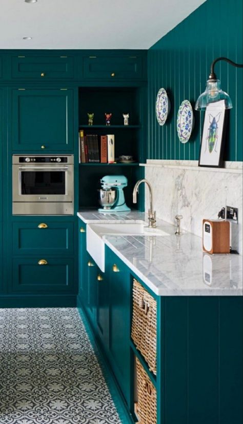 Jewel Green Kitchen Cabinets, Small Teal Kitchen, Teal Walls Kitchen, Dark Teal Cabinets Kitchens, Teal Kitchen Cupboards, Peacock Blue Kitchen, Jewel Tone Kitchen, Teal Cupboards, Turquoise Kitchen Cabinets