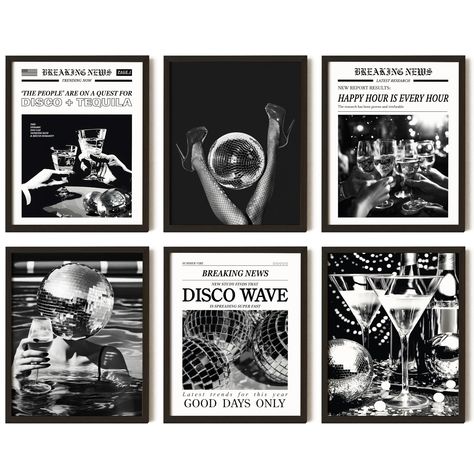 PRICES MAY VARY. Funky Disco Wall Art: Turn up the funk with our disco ball wall art. These black and white poster add a touch of retro charm to any space, making them the perfect decoration for your disco wall decor and black and white room decor Complete Set: Get ready to boogie with our set of six 8x10" preppy disco ball art and plenty of adhedsive dots. Perfect for creating a disco-themed bar cart accessories and decor, each print embodies the spirit of 70s disco decor and retro room decor a Aesthetic Pictures Retro, Preppy Disco Ball, Tequila Wall, Black And White Room Decor, Tequila Print, Vintage Disco Ball, Disco Ball Wall Art, Newspaper Aesthetic, Disco Wall Art