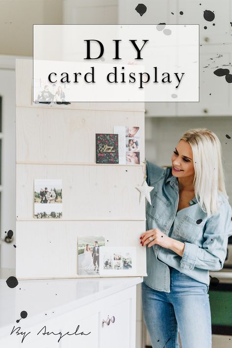 If you're looking for a new DIY project - look no further! This card display can hold anything from family photos to postcards from other countries and it's so easy to make! #byangela #angelaprice #cards #familyphotos #display #diy #project #crafts Wooden Photo Display Board, Postcard Holder Diy, Thank You Card Display, How To Display Cards At Home, Photo Card Display, Diy Card Holder Display, How To Display Greeting Cards At Home, How To Display Birthday Cards, Display Cards On Wall