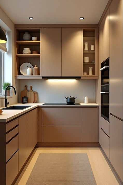 3D render of budget-friendly small kitchen design Home Interior Design Kitchen Small Spaces, Small Flat Design Interiors, Kitchen Ideas Affordable, Kitchen Cabinets Ideas For Small Kitchen, Small Light Kitchen, Budget Friendly Kitchen Ideas, Modern Kitchen Design Small Apartment, Minimalist Interior Design Kitchen, Living Room And Kitchen Together Ideas