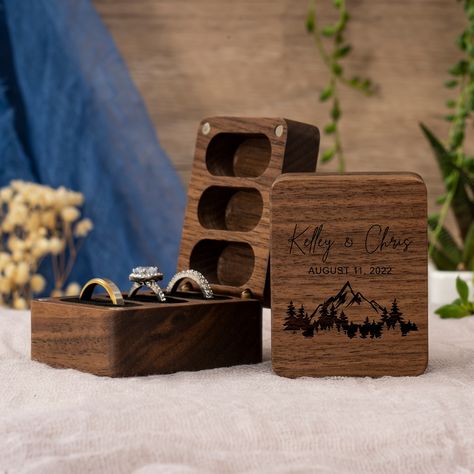 Custom Engraved Ring Box For Wedding Ceremony, Triple Wooden Ring Box, Wedding Engagement Ring Box, 3 Ring Bearer Ring Box, Proposal Ring Box Holder Wooden Engagement Ring Boxes, Ring Box Wood, Wooden Ring Box Wedding, Engraved Ring Box, Wooden Rings Engagement, Personalized Ring Box, Ring Box Wedding, Rustic Ring Box, Expensive Rings