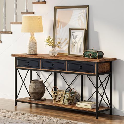 Amazon.com: Tribesigns 70.8" Console Table with 3 Drawers, Farmhouse Entryway Table with Storage Shelf, Narrow Long Sofa Foyer Table for Entryway, Hallway (Brown/Black) : Home & Kitchen Shelf For Entryway, Farmhouse Entryway Table, Entryway Table With Storage, Farmhouse Console Table, Farmhouse Entryway, Mirrored Console Table, Narrow Console Table, Wooden Console Table, Long Sofa