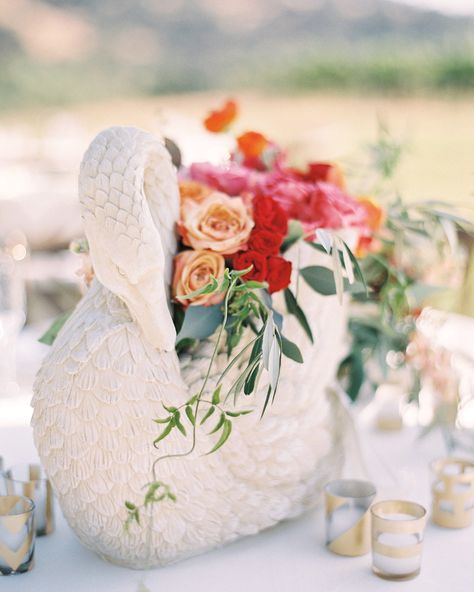 More swans, these brimming with multicolored roses and olive branches, glided on tables. Creative Wedding Centerpieces, Swan Wedding, Swan Decor, Martha Weddings, Bright Florals, Charming Garden, Martha Stewart Weddings, Gray Weddings, Second Weddings