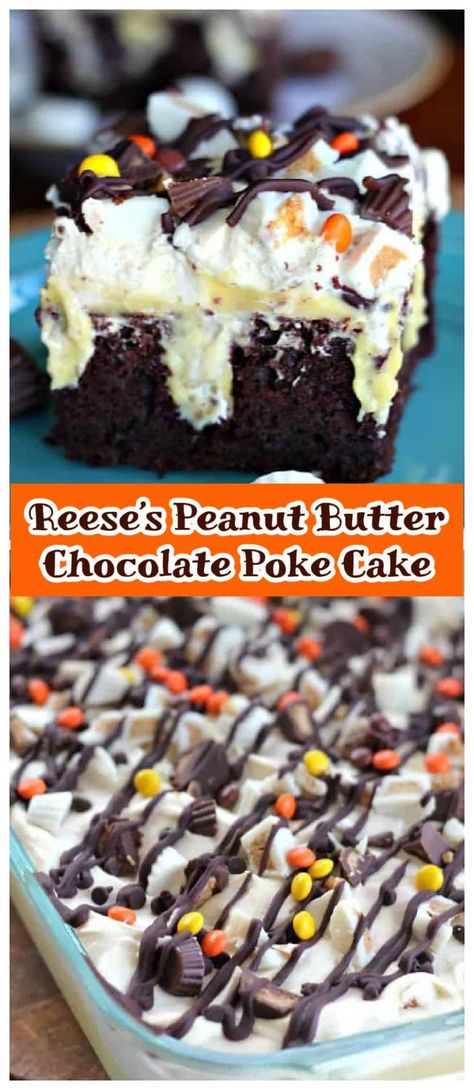 Spice Cake Poke Cake Condensed Milk, Reese Cake Birthday Easy, Reese’s Poke Cake, Reese Poke Cake, Reese’s Cake Recipe, Reeses Poke Cake, Reese’s Cake, Reeses Peanut Butter Cake, Reese Cake