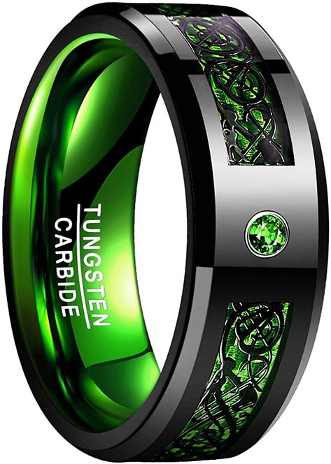 Amazon.com: NUNCAD Boys Ring Tungsten Carbide Ring Celtic Dragon 8mm Cubic Zirconia Carbon Fiber Wedding Band Size 10: Jewelry Green Tungsten Ring, Green Wedding Band, Carbon Fiber Rings, Celtic Dragon, Ring Man, Black Tungsten Rings, Tungsten Carbide Wedding Bands, Dragon Ring, Green Rings