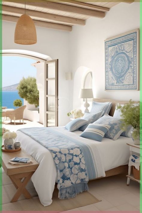 Greek Bedroom Design, Greece Inspired Room, Spanish Beach House Interior, Hotel Bedding Aesthetic, Coastal Hotel Room, Greek Bedroom Ideas, Greece Inspired Bedroom, Sea Bedroom Ideas, Greek Bedroom