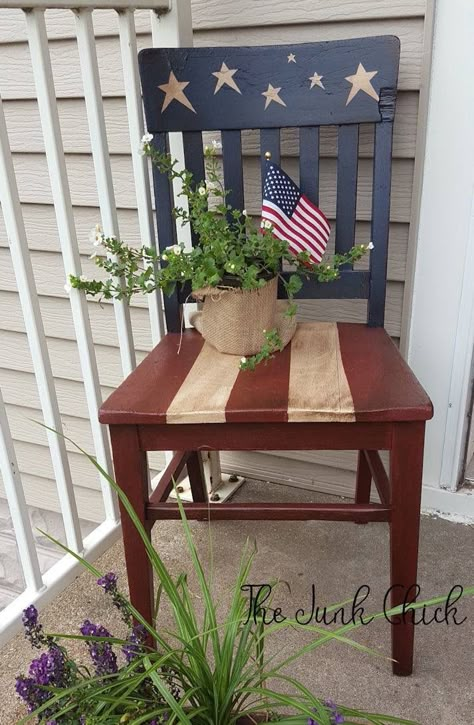 Flag Door Decoration, Fourth Of July Porch Decorating Ideas, Dollar Tree Wooden Cutouts, Painted Chairs Ideas, Summer Wood Projects, Flag Display Ideas, 4th Of July Diy Decor, Porch Sitters, Painted Wooden Chairs