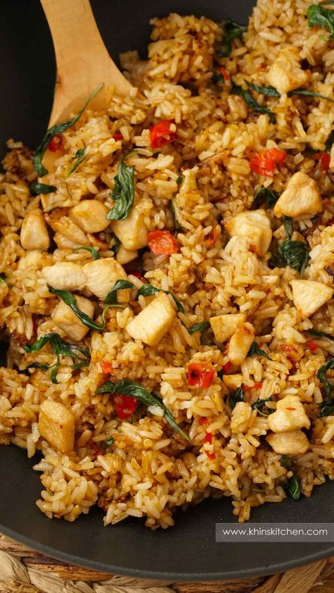 Thai Basil Fried Rice - Khin's Kitchen Thai Style Fried Rice, Thai Spicy Fried Rice, Basil Fried Rice Thai Recipe, Thai Basil Chicken Fried Rice, Thai Fried Rice Recipe Authentic, Thai Basil Rice, Thai Rice Recipes, Thai Fried Rice Recipe, Thai Chicken Fried Rice