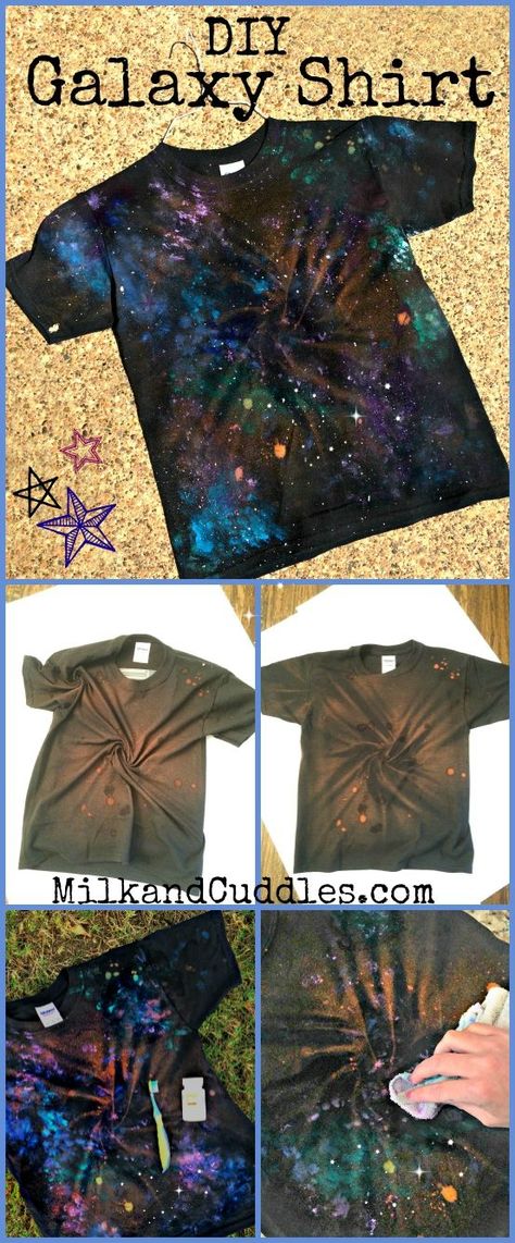 Easy Space Costume, How To Tie Dye Black Shirt With Bleach, Space Theme Dress Up, Space Themed Shirts, Shirt Crafts Ideas, Diy Space Costume, Galaxy Costume Diy, Diy Galaxie, Ty Dye