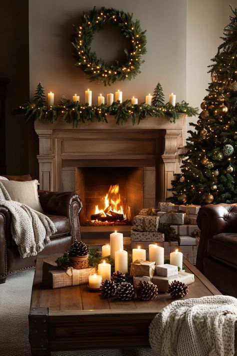 Transform your space with elegant Christmas home decor. Enjoy the warmth of candlelit accents and festive greenery that create a cozy holiday atmosphere. Perfect for intimate gatherings. #ChristmasHomeDecor #HolidayVibes #CozyChristmas Neutral Christmas Decor Mantles, Christmas Loft Decor, Cozy Vintage Christmas Aesthetic, Luxury Christmas Decor Ideas, Luxury Home Christmas Decor, Classy Holiday Decor, Christmas Windowsill Decor, Classy Christmas Lights, Cottage Christmas Aesthetic