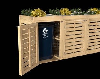 Outdoor Trash Bin / Garbage Can Enclosure & Raised Planter Bed / Digital Download ONLY / NO Physical Item Delivered - Etsy Trash Can Storage Outdoor Diy, Diy Garbage Can Storage Outdoor, Pool Sheds, Yard Storage, Recycling Storage, Raised Planter Beds, Planter Beds, Bin Store, Build Plans