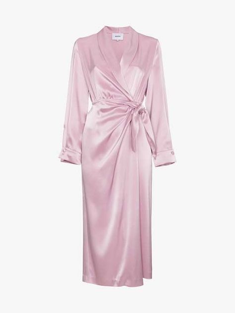 Nanushka Ezra Satin Wrap Around Dress Wraparound Dress, Pink Wrap Dress, Pink Satin Dress, Evening Dress Collection, Designer Party Dresses, Satin Wrap Dress, Pink Wrap, Mid Calf Dresses, Designer Evening Gowns