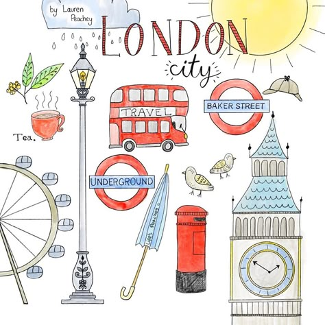 London Travel Journal Ideas, Cute Travel Drawings, London Doodles Easy, London Journal Ideas, London Drawing Easy, London Scrapbook Ideas, London Painting Easy, London City Drawing, London Drawing Sketches