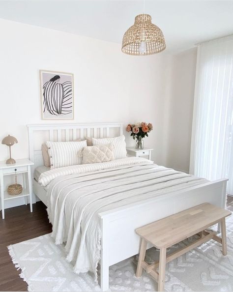 Bedroom Ideas With White Bed Frame, Ikea Wooden Bed Frame, White Walls White Furniture Bedroom, White Bed White Walls, White Wooden Bed Frame Bedroom Ideas, White Bed Bedroom Ideas, White Bedframe Ideas, White Bedframe Bedroom Ideas, White Bed Ideas