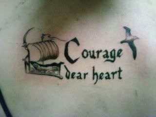 A quote from "The Voyage of the Dawn Treader" by CS Lewis. Courage Dear Heart Tattoo, Narnia Tattoo, Paper Plane Tattoo, Voyage Of The Dawn Treader, The Dawn Treader, Dawn Treader, Courage Dear Heart, Uv Tattoo, Literary Tattoos