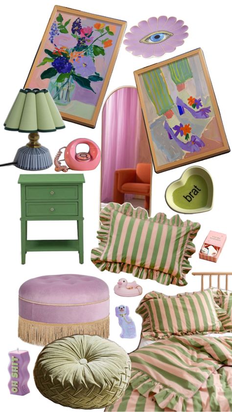 A charming and playful bedroom decor featuring a mix of pastel tones and vintage-inspired elements. The space includes green and pink striped bedding with ruffled edges, soft pastel-colored poufs, and a retro-style pink rotary phone. Quirky accents like the “brat” heart dish, a decorative “Oh Shit” candle, and playful wall art bring personality to the room. A green nightstand and floral lamp add a touch of nostalgia, while the blush-toned arched mirror enhances the room’s dreamy, cozy vibe. Perfect for a whimsical, yet sophisticated bedroom setup. Maximalist Mood Board, Bedroom With Teal Accents, Pink Rotary Phone, Chartreuse And Pink, Green Nightstand, Playful Bedroom, Whimsy Cottage, Green Nightstands, Vintage Inspired Bedroom