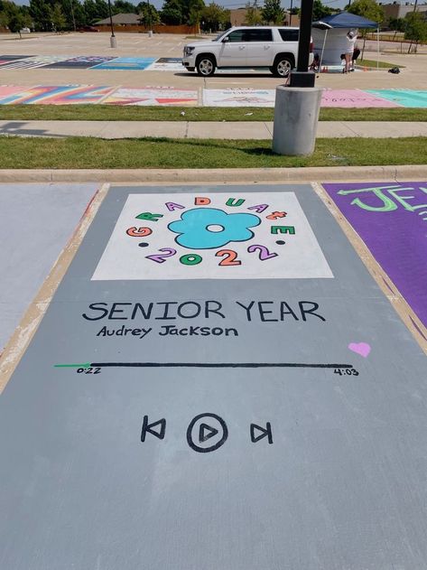 #senioryear #parkingspot Paint Your Parking Space, Spotify Senior Parking Spot, Senior Year Parking Spot Ideas Chalk, Paint Senior Parking Spots, School Brick Painting Ideas, Senior Parking Painting, Parking Spot Chalk, Senior Brick Ideas Painting, Senior Tile Ideas Ceilings