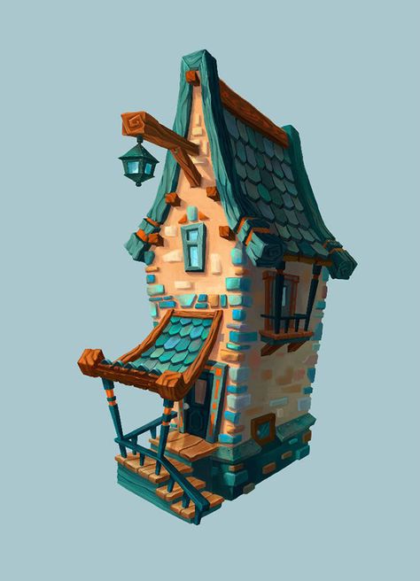 Blues and yellows 3d Karakter, Bg Design, Cartoon House, Building Concept, Low Poly Art, House Illustration, Fantasy House, Game Concept Art, House Drawing