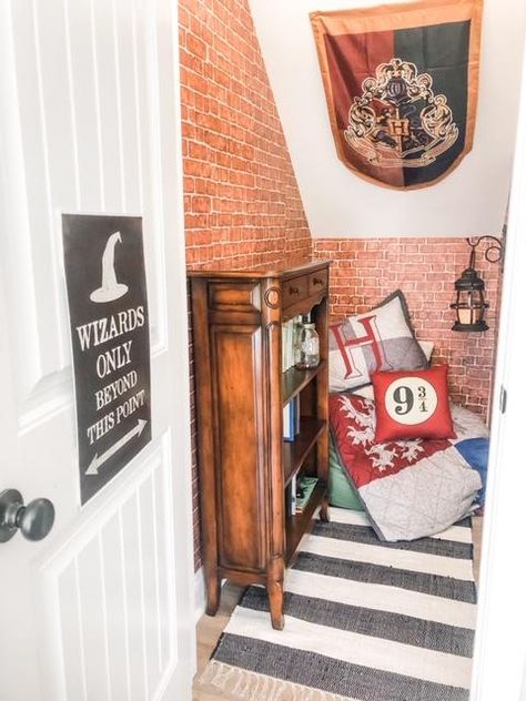 We decided to create a reading space for the kid's under the stairs! We love Harry Potter so we decided that would be our theme! You can find all of the products linked at fiddleandolive.blogspot.com. #harrypotter #readingnook #playroom #cupboardunderthestairs #reading Harry Potter Cupboard Under The Stairs Diy, Under The Stairs Playroom Harry Potter, Airbnb Theme Room Ideas, Harry Potter Playroom Ideas, Cupboard Under Stairs Ideas Harry Potter, Cupboard Playroom, Harry Potter Closet Under The Stairs, Under The Stairs Kids Space, Harry Potter Reading Nook