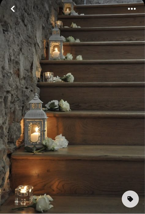 Lanterns On Stairs Wedding, Stair Decor For Party, Lanterns On Steps, Decorated Stairs For Wedding, Winter Wedding Staircase Decor, Outdoor Stair Decoration Wedding, Lantern On Stairs, Wedding Decorations Stairs, Stairs Decor Wedding