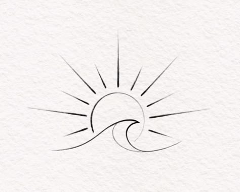 Sea And Sun Tattoo Ideas, Sunrise And Wave Tattoo, Coastal Fine Line Tattoo, Fine Line Sun And Ocean Tattoo, Sunrise Over Ocean Tattoo, Beach Sunrise Tattoo Ideas, Sun And Sea Tattoo Minimalist, Sunset On Water Tattoo, Ocean Fineline Tattoo