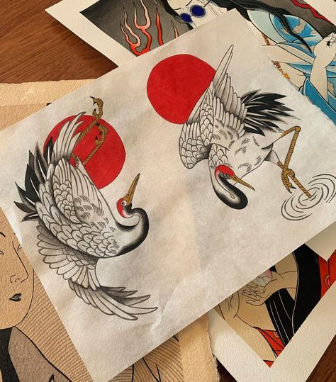 Heron Tattoo, Crane Tattoo, Lantern Tattoo, Japanese Animals, Japanese Crane, Japanese Tattoos, Traditional Japanese Tattoos, Traditional Tattoo Art, Japan Tattoo