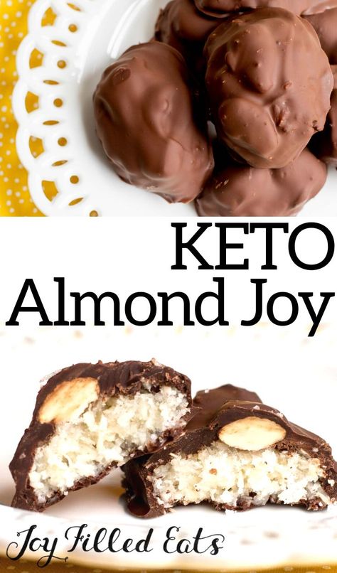 You won't miss this candy bar favorite any longer. With my healthy version of the classic Almond Joy candies, you can indulge without guilt! These mix up in minutes with a chewy coconut base topped with almonds and coated with melted chocolate. Only 2 net carbs per candy! #lowcarb #lowcarbrecipes #lowcarbdiet #keto #ketorecipes #ketodiet #thm #trimhealthymama #glutenfree #grainfree #glutenfreerecipes #recipes Keto Almond Joy, Almond Joy Candy, Fat Bomb Recipes, Low Carb Candy, High Fat Low Carb Recipes, Keto Candy, Fat Bomb, Joy Filled Eats, Thm Desserts