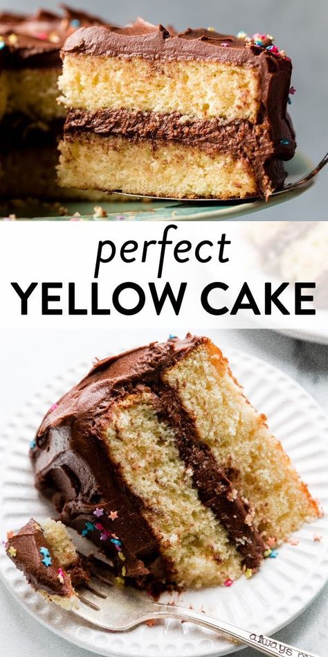 Soft and buttery with an extra moist crumb, this is the best yellow cake I've ever had. Cover this cake in my rich and creamy chocolate buttercream for the ultimate celebratory birthday cake! #yellowcake #birthdaycake #cakedecorating #baking #chocolatebuttercream Best Yellow Cake Recipe, Cake Flour Substitute, Popular Desserts Recipes, Yellow Cake Recipe, Birthday Dessert, Sally's Baking, Birthday Cake Recipe, Yellow Cake, Pie Cake