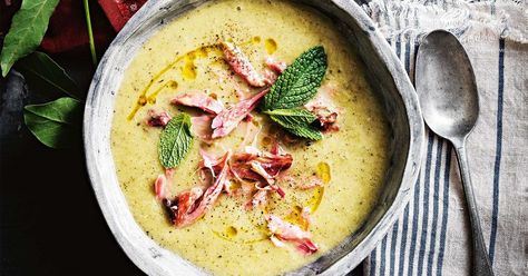 This is a delicious, yet simple, soup that celebrates the humble zucchini. The smoky ham hock is a lovely addition that gives substance and extra depth of flavour. - Justine Schofield. Garden Dinners, Ham Hock Soup, Zucchini Soup Recipes, Justine Schofield, Soup With Ham, Simple Soup, Zucchini Soup, Ham Hock, Ham Soup