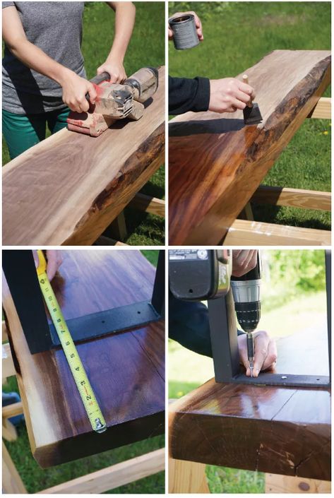 Walnut Wood Projects, Diy Entry Table, Live Edge Wood Furniture, Live Edge Bar, Live Edge Wood Table, Walnut Bench, Live Edge Bench, Live Edge Shelves, Making A Bench