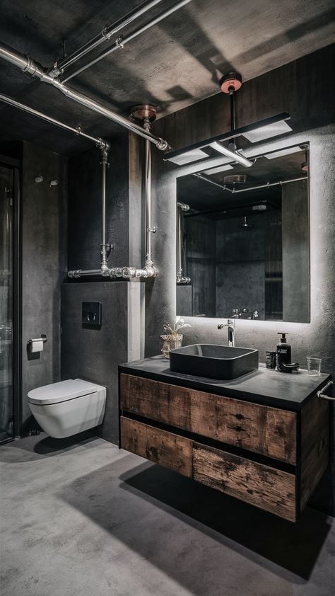 Industrial Luxury Bathroom, Exposed Piping Bathroom, Modern Industrial Bathroom Design, Men Bathroom Ideas, Industrial Design Bathroom, Industrial Bathroom Ideas, Industrial Bathroom Fixtures, Industrial Modern Bathroom, Modern Industrial Bathroom