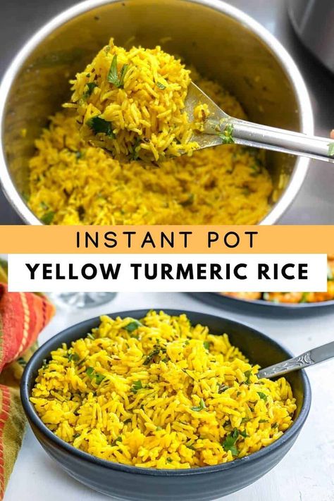 Instant pot yellow rice comes together in 20 minutes with pantry staple ingredients. This vibrant and flavorful rice can easily be made for busy weeknight dinners or as a meal prep recipe. Keep this turmeric rice for up to 3 days in the refrigerator or a month in the freezer. Perfect for serving with curry, seafood, chicken, and more this instant pot yellow rice can also be made vegan with a few simple swaps. No matter what your diet, this yellow rice can easily be made and served to your ... Yellow Rice Instant Pot, Stovetop Simmer, Yellow Rice Recipes, Flavorful Rice, Turmeric Rice, Indian Rice Recipes, Saffron Rice, Pot Recipes Easy, Yellow Rice