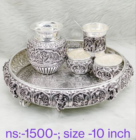 Antique Silver Pooja Items, Nail References, Silver Articles, Emerald Stone Rings, Pooja Thali, Pooja Items, Antique Necklaces Design, Silver Pooja Items, Antique Necklaces