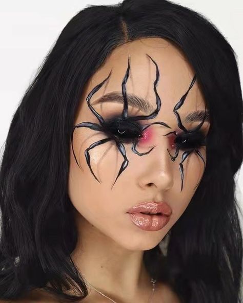 Black Widow Face Paint, Black Widow Spider Makeup, Black Widow Costume Spider, Spider Face Makeup, Spider Liner, Spider Eye Makeup, Black Widow Makeup, Spider Makeup, Spider Face