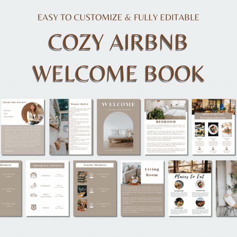 This Airbnb Welcome Book is a guide that helps you to show all that your Cozy Minimalist House has to offer. This Airbnb Welcome Book Template is fully editable in Canva. It’s filled with all the information your guests may need before and during their stay. Your guests will be able to read in advance about the house and all the amenities they can expect while staying at your rental property. Enhance their experience by having a welcome guidebook available. https://sweetpinkdesignshop.etsy.com/ Sweetheart Table Flowers, Airbnb House, Hospital Room, Emergency Contact, Edit Text, House Rules, Text Fonts, Design Shop, Book Template