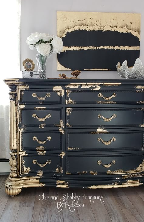 Gold And Black Furniture, Black And Gold Leaf Furniture, Gold And Black Dresser, Bedroom Inspirations Black And Gold, Black And Gold Antique Furniture, Gold Leaf Dresser Diy, Black And Gold Distressed Furniture, Black And Gold Dresser Diy, Black And Gold Armoire