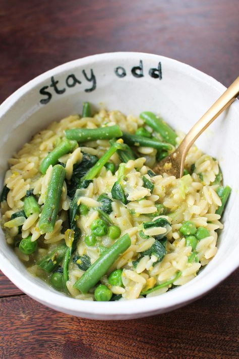 Green Beans Orzo Orzo Green Beans, Orzo And Green Beans, Pasta With Green Beans, Creamy Orzo, Pesto Spinach, Tenderstem Broccoli, Pea Pesto, Pistachio Pesto, Onion Vegetable