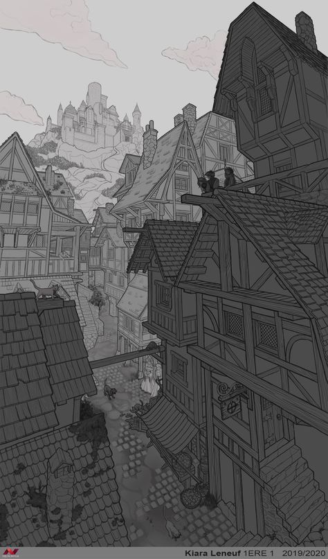 Background Drawing Refrences, Comic Environment Art, Manga Environment Drawing, Environment Art Drawing, Concept Art Composition, Composition Environment, Drawing Backgrounds Ideas Sketch, Manga Environment, Fantasy Landscape Drawing