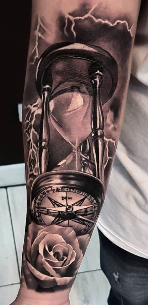 Hourglass With Roses Tattoo, Compass Watch Tattoo Design, Mens Time Tattoos, Clock Tattoo Design For Men Leg, Mens Hourglass Tattoo Ideas, Hourglass And Compass Tattoo, Hourglass Design Tattoo, Pocket Watch Compass Tattoo, Hourglass Compass Tattoo