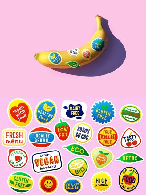 Graphic Design Food, Inspiration Typographie, Fruit Stickers, Visual Style, Food Graphic Design, Funny Vintage, A Banana, Badge Design, Design Advertising