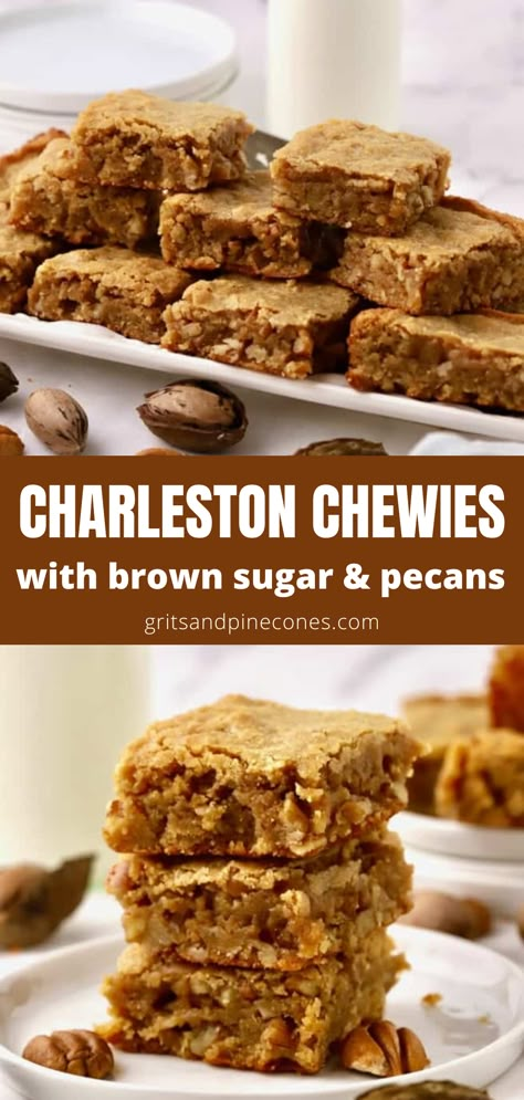 Pecan chews, brown sugar chewies, or Charleston chewies, no matter what you call them these brown sugar brownies are an insanely rich and decadent treat! Studded with chopped pecans and filled with brown butter, these simple southern dessert bars deserve a spot on your holiday table. Charleston Chewy Bars, Butter Pecan Blondies Recipe, Chewy Dessert Bars, Pecan Chewies 12 Tomatoes, Chewy Bread Recipe Desserts, Brown Sugar Blondies Recipe, Brown Sugar Bars Recipes, Pecan Chewy Bars, Chewy Bars Recipe