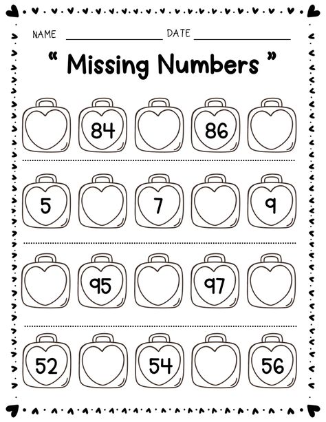 These"Valentine Math Missing Numbers Counting to 100 Worksheets" will help your kindergarten students practice counting to 100 by fill in the missing numbers from any starting point with these differentiated counting and practice writing numbers to 100 too. The worksheets include : 10 pages for Writing and fill in the missing number in Valentine Theme. Practice Writing Numbers, Fill In The Missing Numbers, Missing Number Worksheets, Numbers To 100, Pages For Writing, Numbers 1 100, Math Valentines, Numbers Counting, Counting To 100