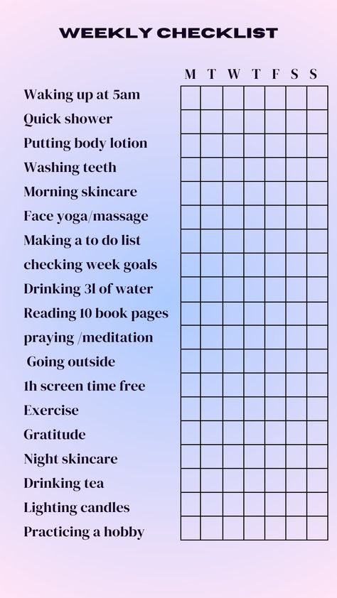 Weekly checklist with a table to elevate, glow up
Aura background (poster, to print, planner) 
Waking up at 5am 
Quick shower
Putting body lotion
Washing teeth 
Morning skincare
Face yoga/massage
Making a to do list
checking week goals
Drinking 3l of water
Reading 10 book pages
praying 5times a day
Going outside
1h screen time free
Exercise 
Gratitude
Night skincare
Drinking tea
Lighting candles
Drawing/painting Everyday Glow Up Routine, Check What You Did This Year Checklist, How To Be Good At English, Check Only What You Did This Year List, 2024 Glow Up List, Glow Up Checklist 2024, Glow Up Checklist Men, Glow Up Tracker, 2 Week Glow Up