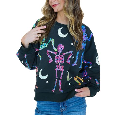 PRICES MAY VARY. Premium Fabrics: High quality polyester blend; Sparkle sequin graphic pullover sweatshirts for women are non-pilling, breathable, soft delicate and comfortable to wear. Features: Halloween sweatshirts sequin pullover shirt for women with long sleeve, round neck, drop shoulder and loose design; Contrast color funny sequins sparkly pumpkin/dancing skeleton/skull/spooky/ghost/witch hat print is cool and eye-catching. Occasion: Womens Halloween lightweight sweater top is perfect for Halloween Sweatshirt For Women, Halloween Y2k, Casual Autumn Outfits Women, Dancing Skeleton, Skeleton Print, Sequin Design, Top Streetwear, Black Sweatshirt, Cute Sweatshirts