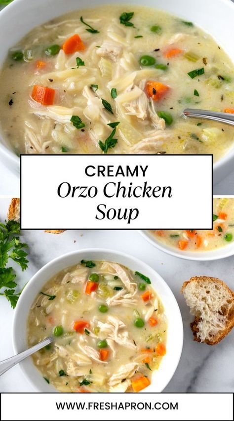 Creamy Orzo Chicken Soup is a delicious soup recipe that's loaded with orzo pasta. It's easy to make and is the best chicken noodle soup. It's brightened up with a squeeze of lemon. Follow Fresh Apron for more easy Pasta Recipes. Creamy Orzo Chicken, Orzo Chicken Soup, The Best Chicken Noodle Soup, Chicken Orzo Pasta, Pasta Soup Recipes, Best Chicken Noodle Soup, Orzo Soup Recipes, Creamy Orzo, Make Shredded Chicken